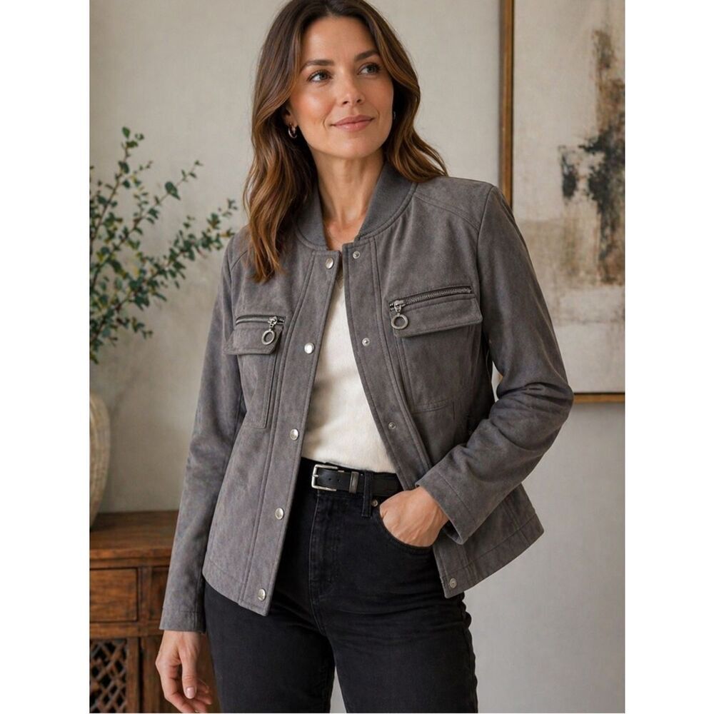 Patrizia Luca Milano Faux Suede Utility Jacket Snap Zip Pockets Neutral Sz
